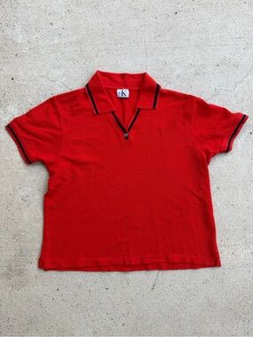 VTG Calvin Klein Jeans Red Boxy Cropped Polo V Neck 90s Knit Shirt L